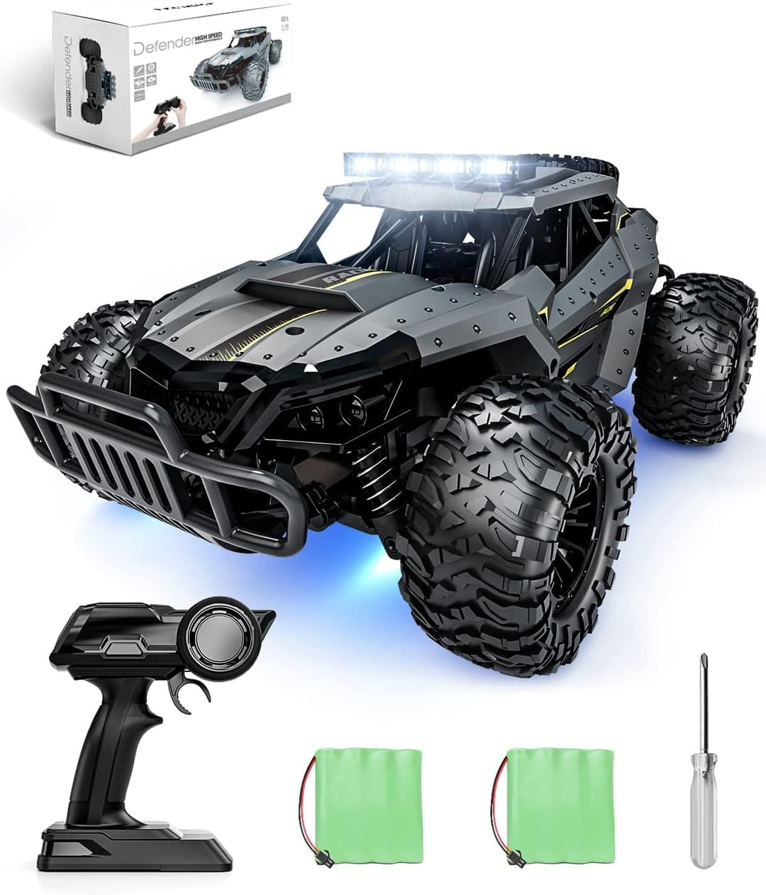 Tecnock Remote Control Cars for Kids Adults, 1:16 Scale 20km/h All Terrain Monster Truck, 2.4GHz Off-Road RC Car with Headlights & Chassis Lights, 2 Batteries for 60min Play, Toys Gifts for Boys Girls