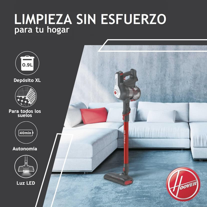 Hoover H-FREE 100 HF122GPT - Cordless Stick Vacuum, Cyclonic, Pet Bristle Brush, Removable 22V Lithium Battery, 40min, 0.9L, LED Lights, 2 Speeds - 2