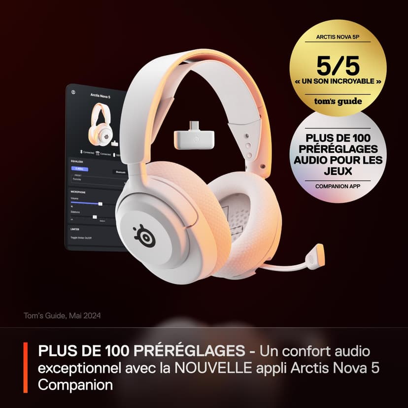 SteelSeries Arctis Nova 5 Wireless Casque gaming - Haut-parleurs magnétiques néodyme - Plus de 100 profils audio - Batterie 60h - 2,4GHz ou BT - Micro ClearCast Gen 2.X -PC,PS5, Switch 2,Mobile -Blanc - 2