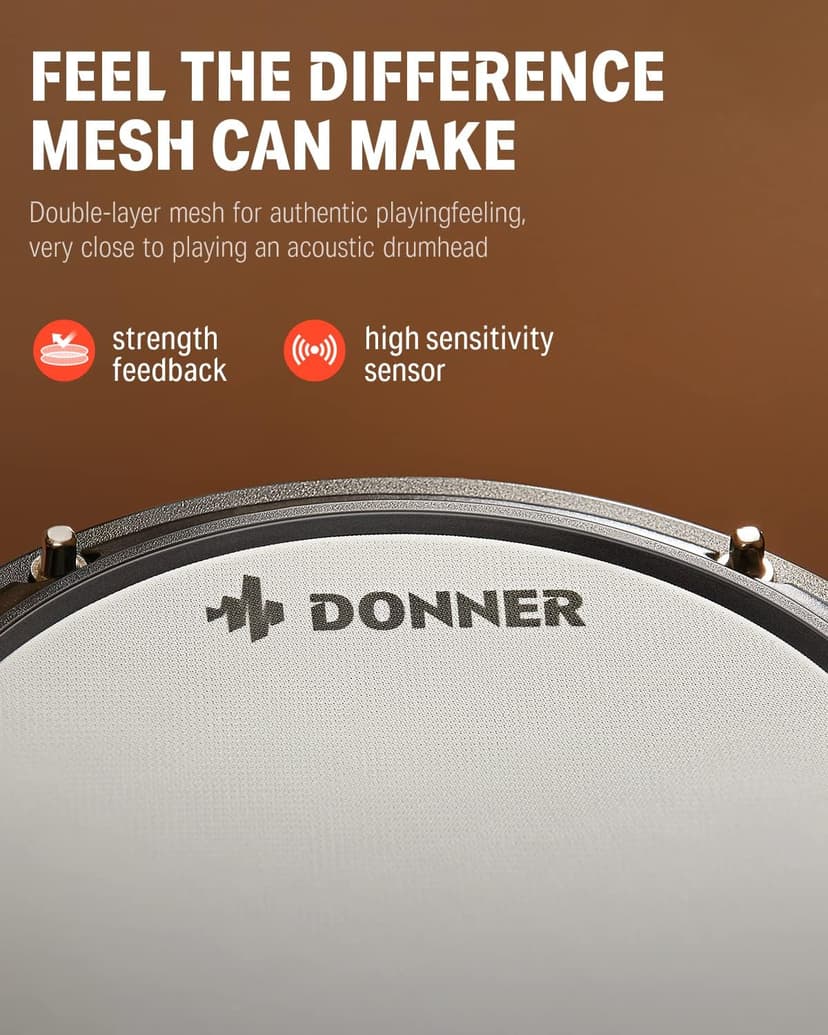 Donner DED-80 Electric Drum Kit, Electronic Drum Sets for Beginner with 4 Quiet Mesh Drum Pads, 2 Switch Pedal, 180+ Sounds, Throne, On-Ear Headphones, Sticks, and Melodics Lessons Included Black - 7