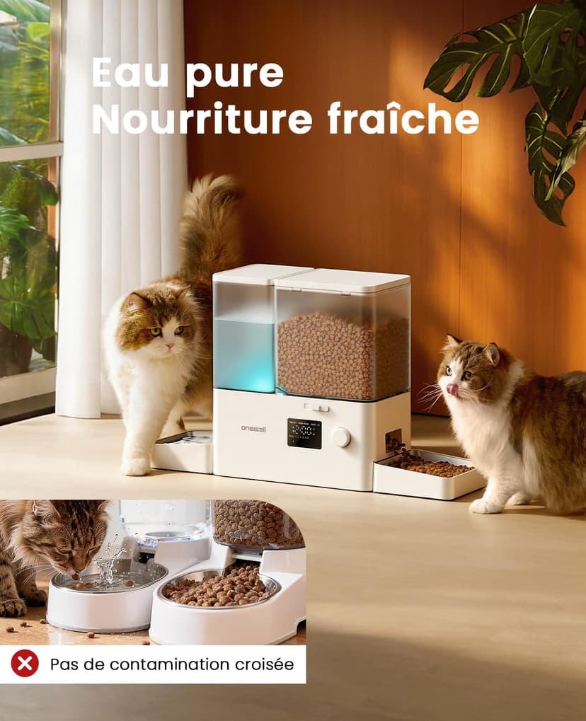 oneisall Distributeur d'eau et d'alimentation Automatique pour Chat, 36 Tasses/8,5 l, 2 en 1, Nourriture Propre, Eau Douce, Grande capacité, Distributeur de Nourriture pour Chat chronométré et - 3