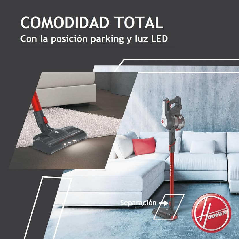 Hoover H-FREE 100 HF122GPT - Cordless Stick Vacuum, Cyclonic, Pet Bristle Brush, Removable 22V Lithium Battery, 40min, 0.9L, LED Lights, 2 Speeds - 5
