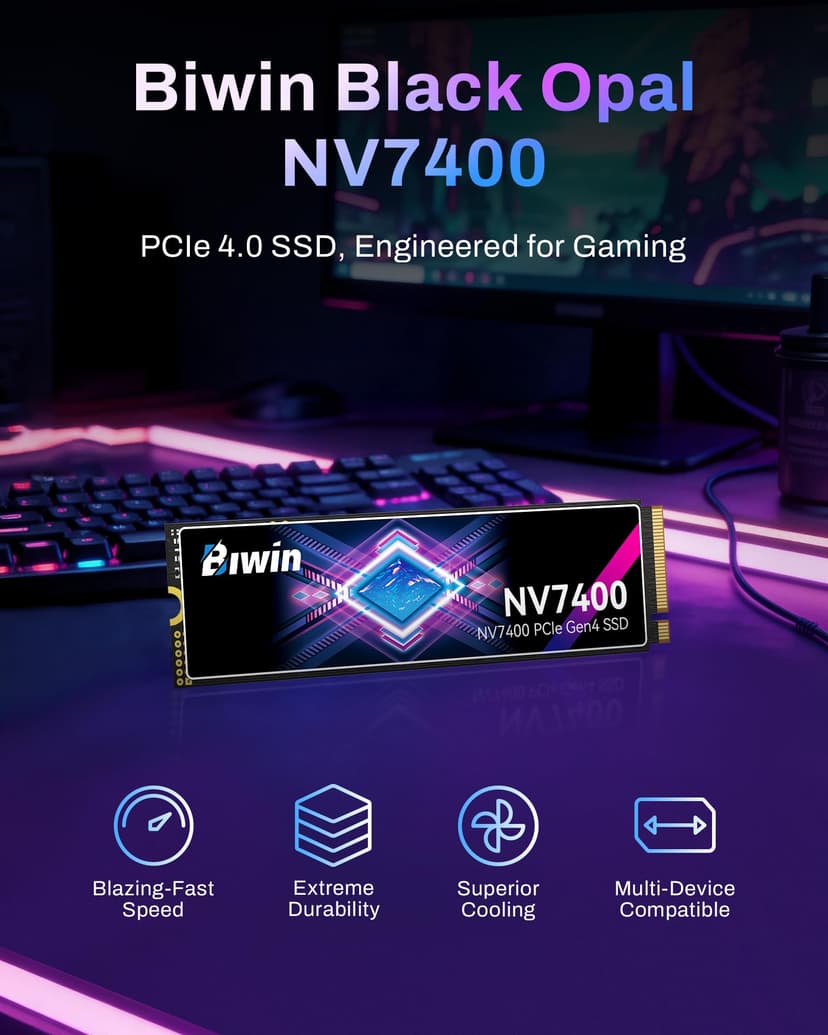 BIWIN Black Opal NV7400 1TB SSD, up to 7450MB/s Read Speed Gen4x4 NVMe M.2 2280, Internal PCIe 4.0 Solid State Drive for Gaming, PS5 Ready, Laptop and Desktop - 2