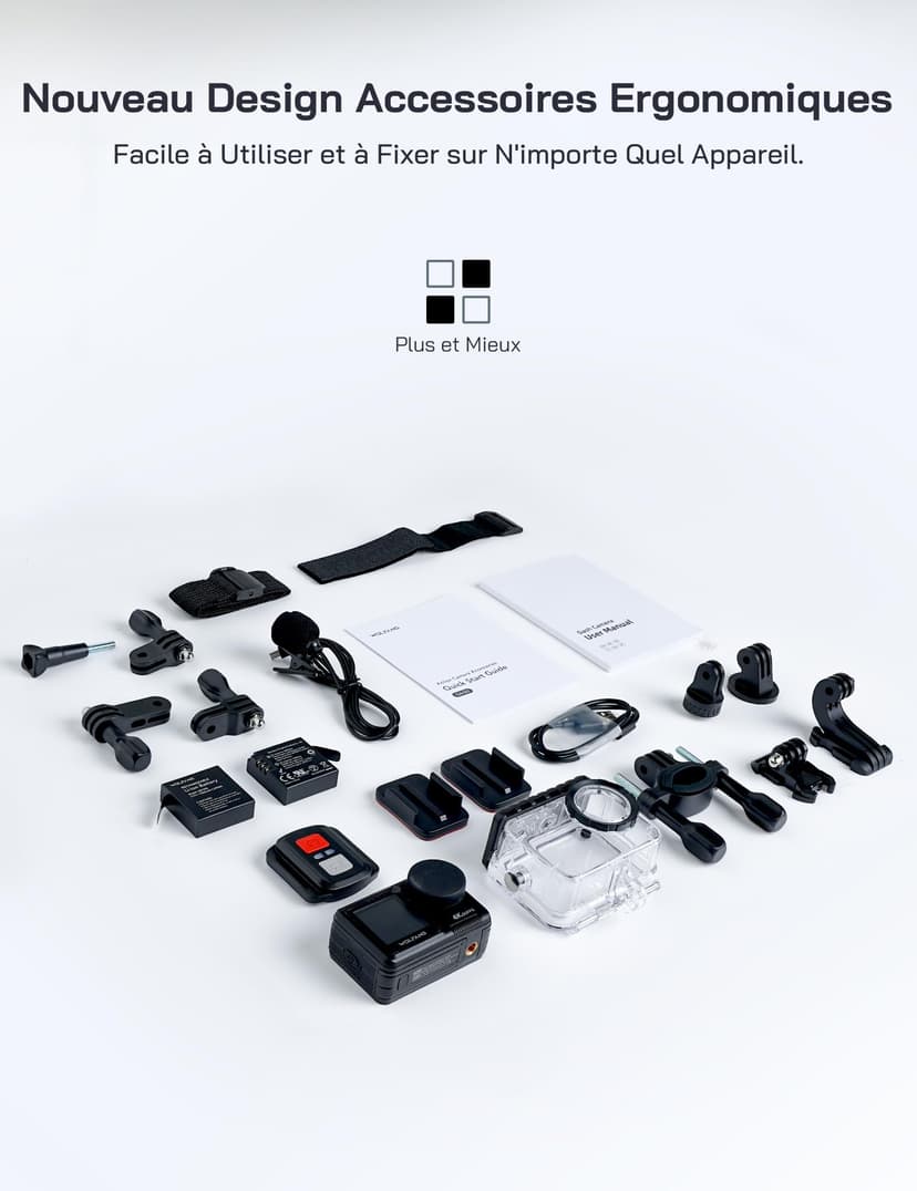 WOLFANG 4K 60FPS Caméra Sport GA400, 20MP WiFi 8M Corps Etanche Action Camera, 40M Sous-Marine Ultra HD 170 °Grand Angle, Sac à Main, EIS, Télécommande 2x1350mAhBatteries et Kit d'accessoires - 9