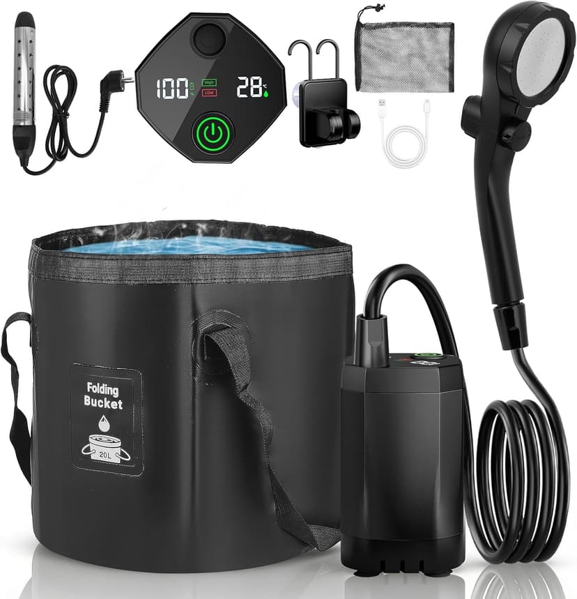 Camping Shower with Heating Rod, Outdoor Shower with Pump, USB Charging, Digital Display and Quick Heating - 6000 mAh Portable Shower for Camping, Garden, Car, Pet - 1