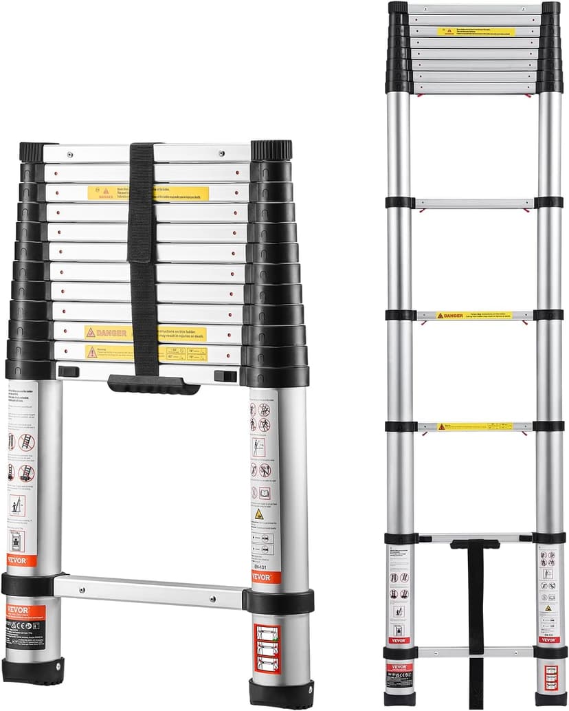VEVOR Échelle Télescopique Aluminium 3,8 m Pliable Multifonctionnelle Rétraction à Un Bouton Capacité de Charge 150 kg Pieds Antidérapants Échelle pour Maison, Travaux Extérieurs, Grenier, Réparation - 1
