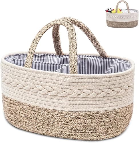 YEONHWA Boîte de rangement pour couches de bébé, panier de rangement en coton pour bébé en corde tissée, poignée portable avec grande boîte de rangement pour vestiaire, beige