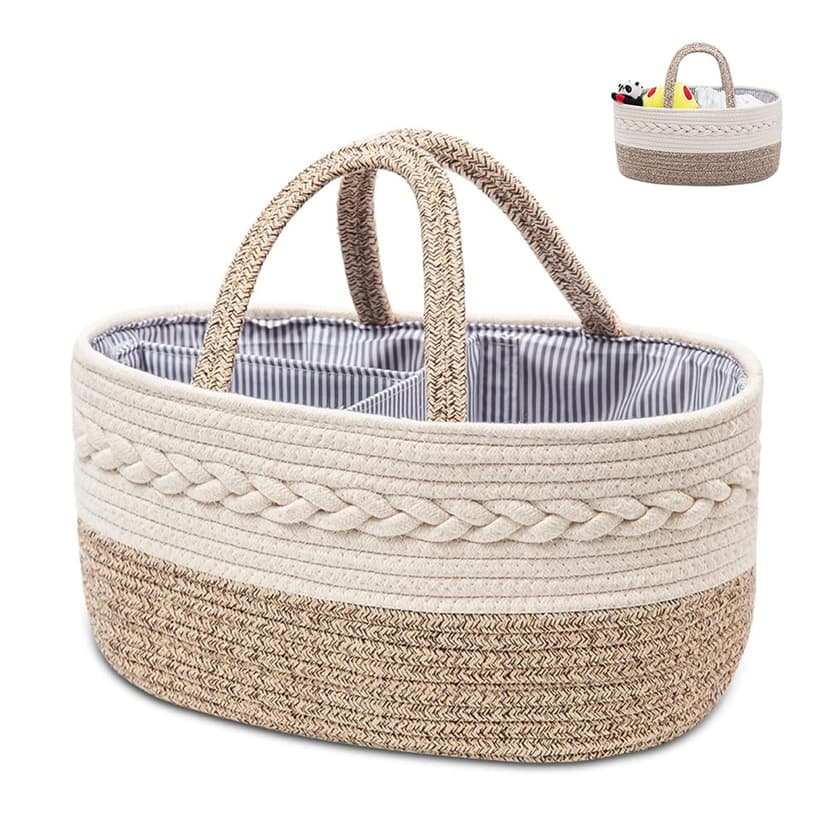 YEONHWA Boîte de rangement pour couches de bébé, panier de rangement en coton pour bébé en corde tissée, poignée portable avec grande boîte de rangement pour vestiaire, beige - 1