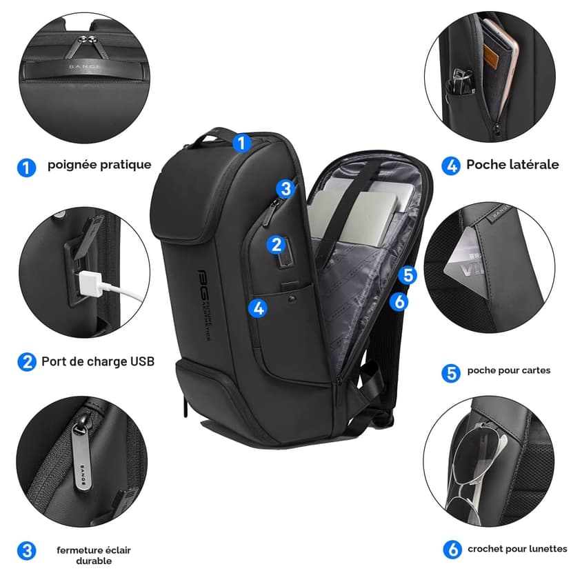 BANGE Sac à dos judicieux pour ordinateur portable de 15,6", sac professionnel pour homme et femme, noir, Large - 3