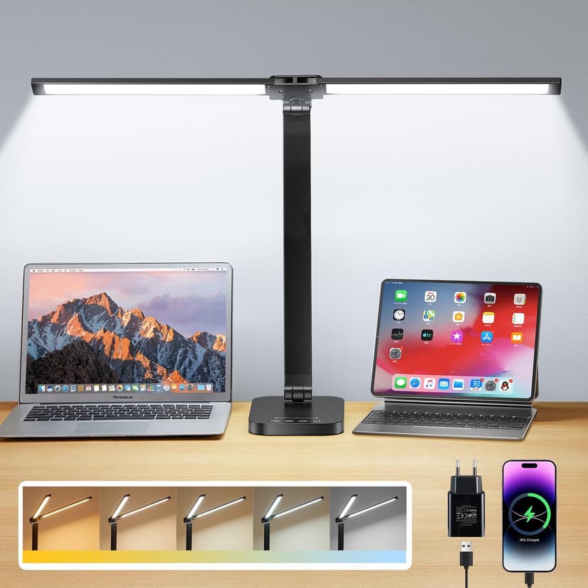 One Fire Dual Swing Arm Desk Lamp, 10 Brightness/5 Colors/Memory Reading Lamp, 1200LM+196 LED Desk Lamp with Adapter & USB Charging Port, 1.8M Range Desk Light, Desk Lamps Office - 1