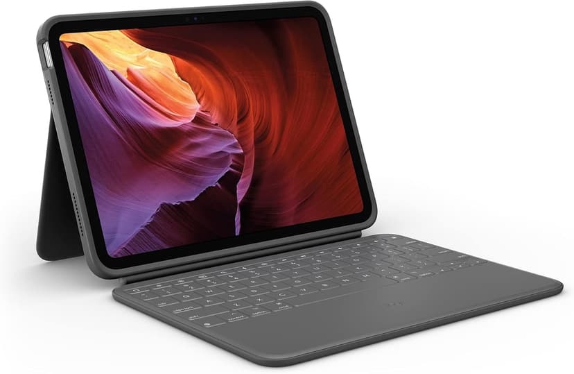 Logitech Rugged Folio pour iPad (10e génération) Étui clavier de protection avec logiciel Smart Connector et clavier durable résistant aux éclaboussures, French Layout - Gris - 1