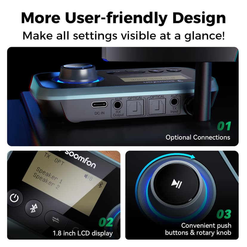 Bluetooth 5.0 Transmitter Receiver - SOOMFON Bluetooth TV Adapter with Volume Control, Dual Link Long Range Audio Bluetooth Transmitter for TV to Wireless Headphones (Optical, RCA, Aux) - 4