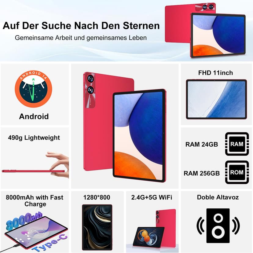 U7 11 Inch Android 14 Tablet with 24GB RAM, 256GB ROM, TF 1TB, Octa-Core 2.0 GHz, 5G WiFi, Bluetooth 5.0, Widevine L1, 5MP + 13MP, 8000mAh, Face Detection, GPS, Red - 2