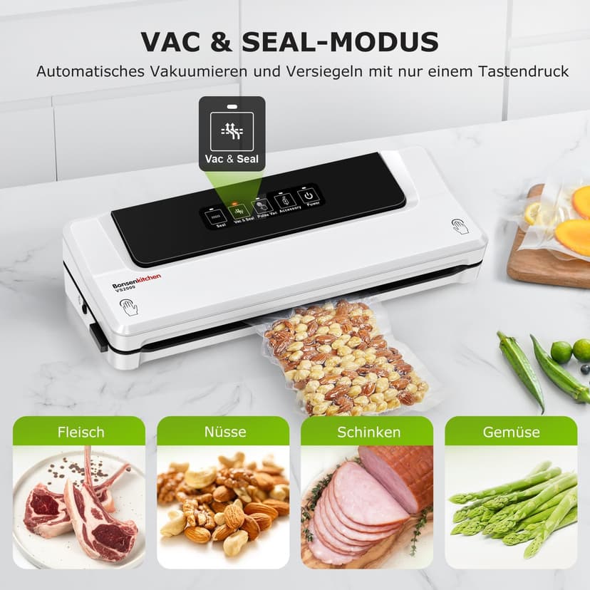 Bonsenkitchen Vacuum Sealer, Continuous High-Speed Vacuum Sealer, Food Sealing Machine, Includes 5 Vacuum Bags and Hose (White) - 3