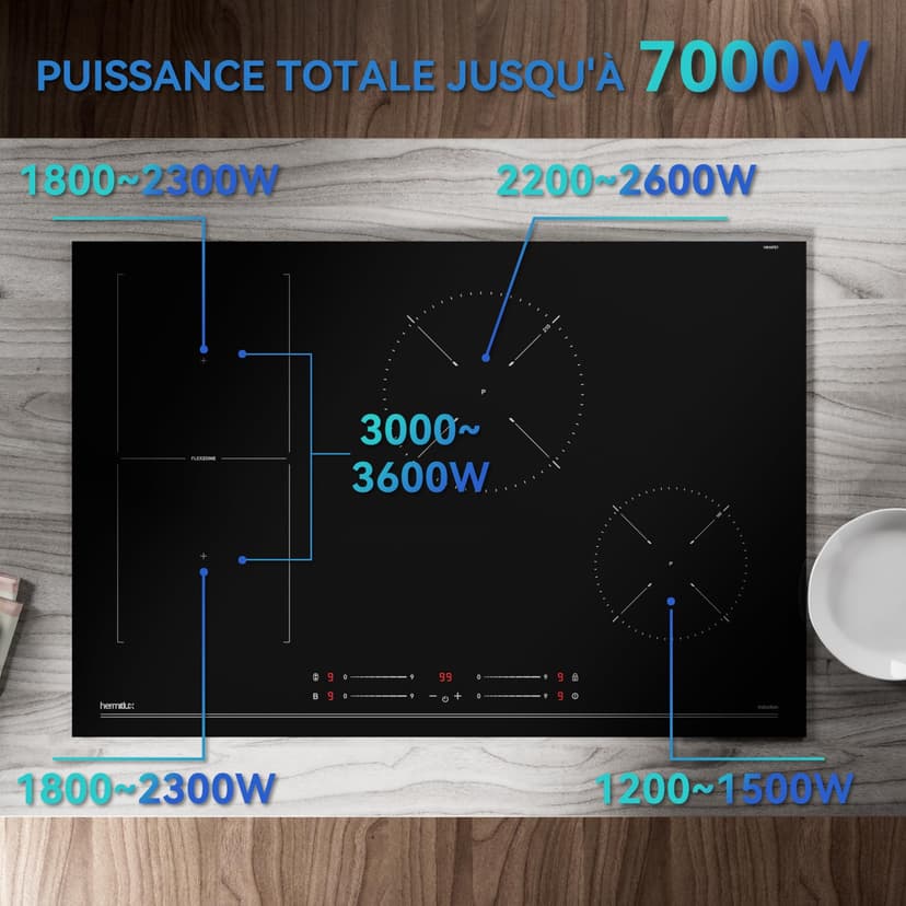 Hermitlux Induction Hob with 4 Recessed Burns, 77 cm, 7000 W, Flex Zone, 9 Power Levels, Booster Function, Timer, Child Lock - 4
