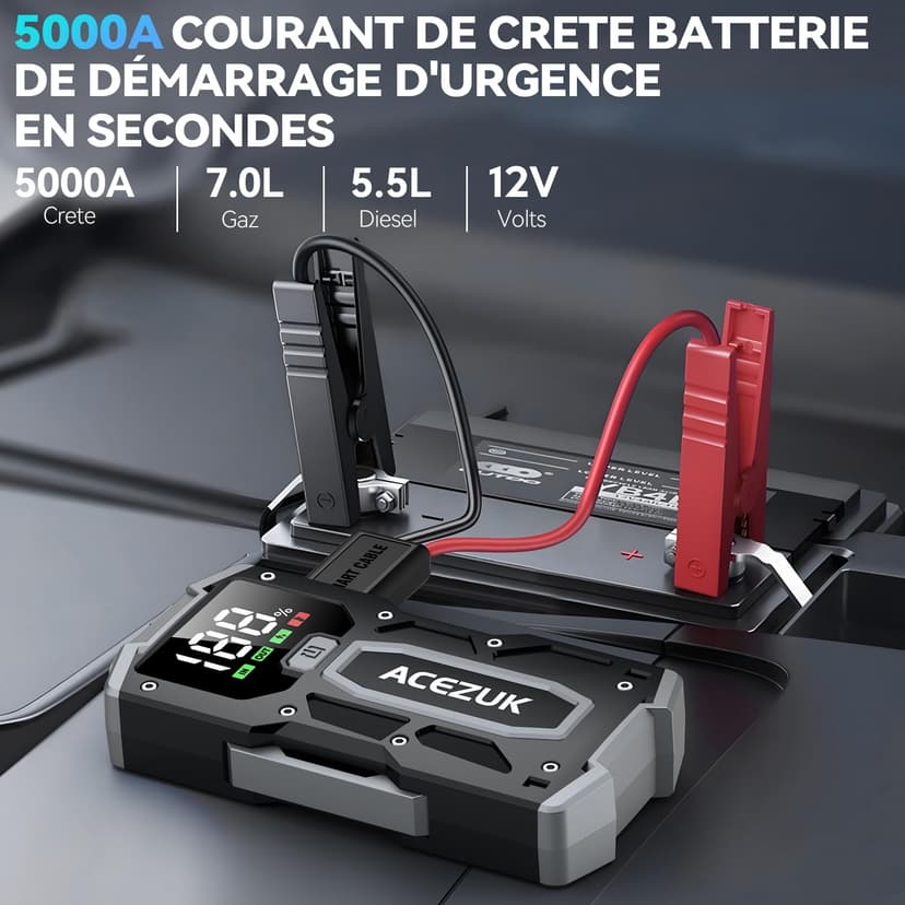 Battery Jump Starter, 6000A Jump Smart(10.0L Gas/8.0L Diesel), Portable Car Starter Battery Pack with Extended Smart Jumper Cables, Car Jump Starter with Large Display, Quick Charge, Lights - 2