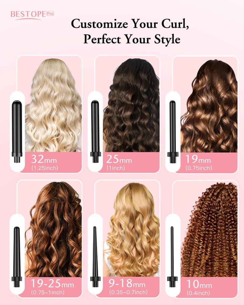 BESTOPE PRO 6-in-1 Curling Iron, Large Curls and Small Curling Irons, Curling Iron with Various attachments, Gloves, Temperature Adjustable, Black - 2