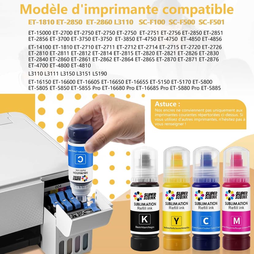 SUPERSUBINK Sublimation Ink for Epson 1810 2810 2850 2830 2815 4810 Compatible EPSON Printer Heat Press Transfer Ink(Autofill/ICC-Free/Anti-UV) - 2