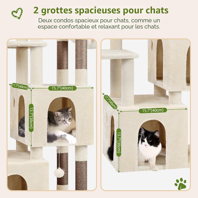 Globlazer Arbre à Chat Beige Grand avec 2 Grande Niches, Doux Plate-Forme, Griffoirs en Sisal, Arbre a Chat Stable Haut 156 cm avec Grandes Bases Tronc épais pour Gros Chats Chatons (F61, Beige) - 3