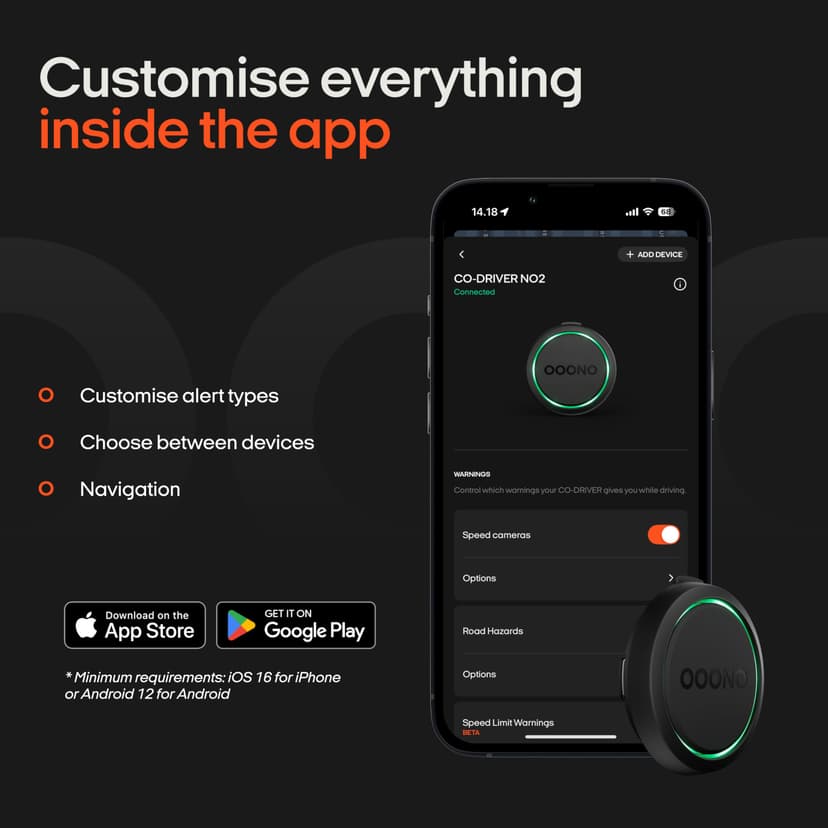 OOONO Co-Driver NO2 - next gen. traffic safety alarm - warns of speed cameras and road hazards - rechargeable - LED indicator - CarPlay & Android Auto compatible - 7