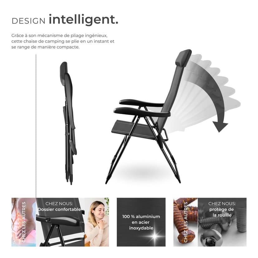 tectake® Lot de 2 Chaise Pliante Camping Fauteuil Pliable Gris Chaise de Plage Ultra léger en Aluminium avec Dossier inclinable & appuie-tête Idéal Voyages, Pêche, Festival, Camping, Plage, Jardin - 3