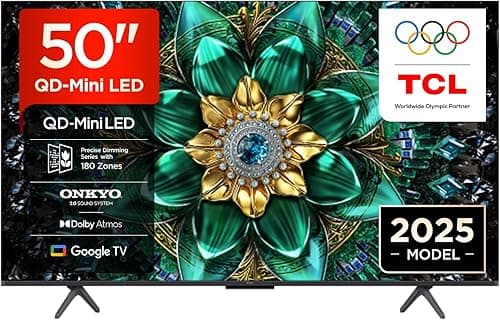 TCL 50Q6C QD-Mini LED TV, 4K HDR Premium 1000nits, Smart TV alimenté par Google (Dolby Vision IQ et Atmos, système Audio Onkyo 2.1, Motion Clarity Pro 144Hz, contrôle Vocal Mains Libres)