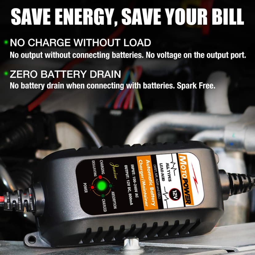 MOTOPOWER MP00205A 12V 800mA Fully Automatic Battery Charger/Maintainer for Cars, Motorcycles, ATVs, RVs, Powersports, Boat and More. Smart, Compact and Eco Friendly - 4