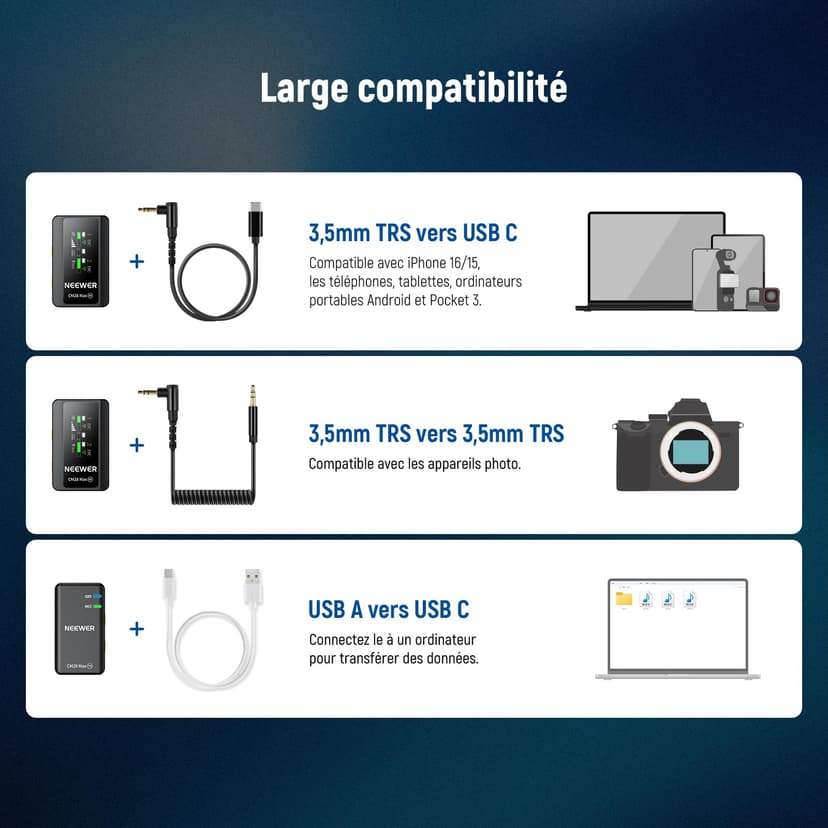 Neewer CM28 Max Système Micros Lavalier sans Fil Boîtier Chargement 48KHz 24Bit Stockage 8GB 25H Portée 300m Enregistrement Vidéo Micro à Annulation Bruits pour iPhone iPad Android Appareil Photo PC - 8