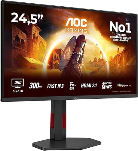 AOC Gaming Moniteur Q25G4SR 24.5 Pouce 300Hz Fast IPS Dalle, 0.3ms MPRT, HDR400, G-Sync Compatible, Ajustable en Hauteur, Haut-parleurs, (2560x1440 HDMI 2X 2.1 DP 1x 1.4) Noir