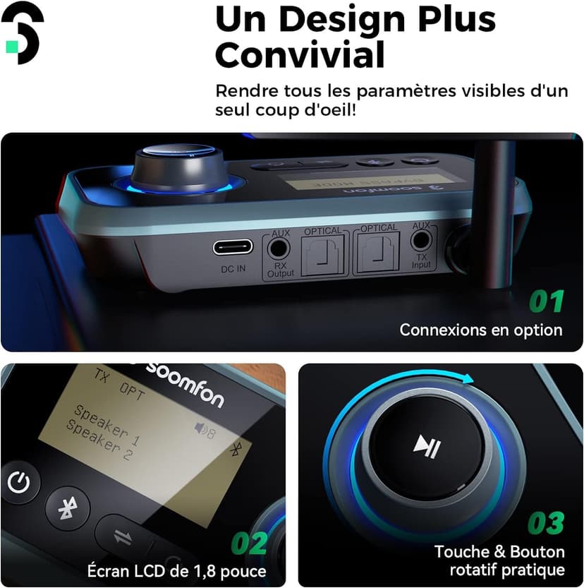 SOOMFON Émetteur Recepteur Bluetooth 5.0 avec Écran LCD, 3 en 1 Adaptateur Audio AUX/RCA/Jack 3.5mm/Optique, Transmetteur Récepteur Bluetooth Connexion Double pour TV, Casque, Enceintes - 5