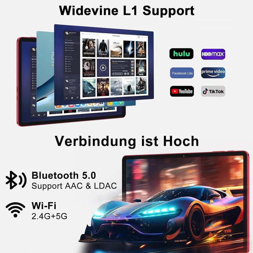 U7 11 Inch Android 14 Tablet with 24GB RAM, 256GB ROM, TF 1TB, Octa-Core 2.0 GHz, 5G WiFi, Bluetooth 5.0, Widevine L1, 5MP + 13MP, 8000mAh, Face Detection, GPS, Red - 5