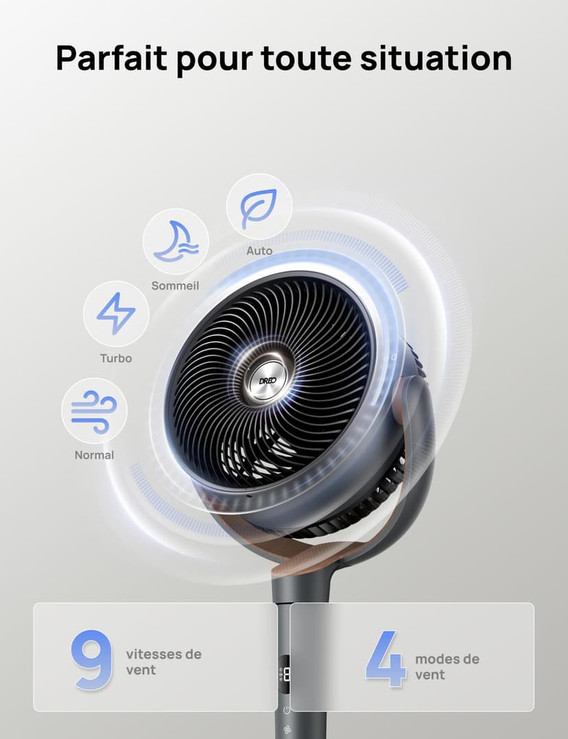 DREO ventilateur sur pied très silencieux avec télécommande, ventilateur grand format 20 dB avec moteur CC, oscillation 120°, 3 modes, hauteur réglable 94–107 cm, ventilateur de sol TurboPoly™ 512 - 4