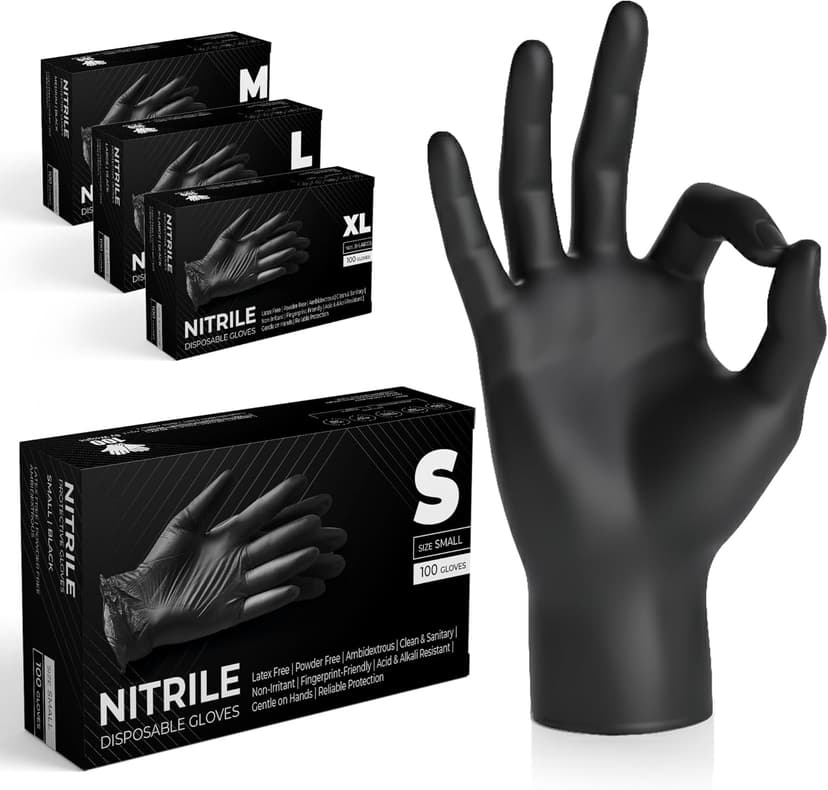 Black Nitrile Multi-Purpose Disposable Gloves, Powder Free, Disposable, Extra Strong - Box of 100 (Black, Large) - 1