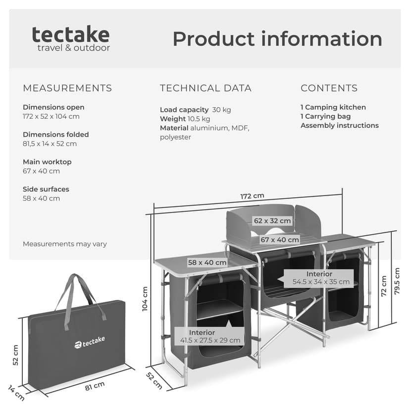tectake® Portable Camping Kitchen with 5 Internal Shelves, Heat-Resistant Worktop, Wind Barrier & Zipped Doors - Outdoor Storage Cupboard with Lightweight Aluminium Frame, Incl. Carry Bag - Grey - 7