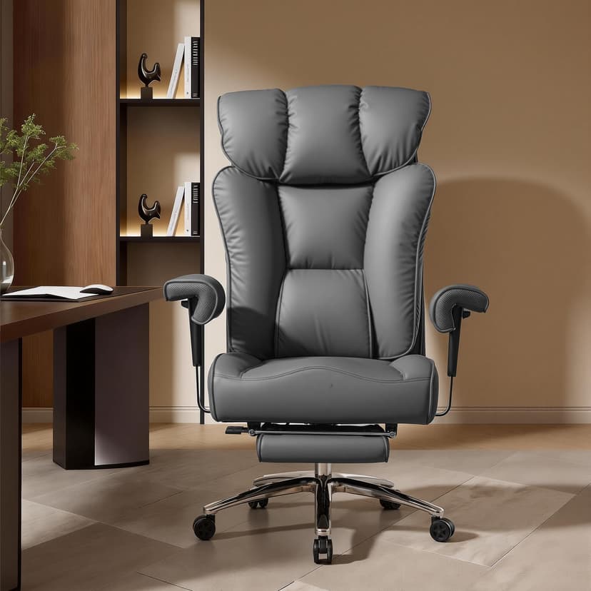 Efomao Sedia da Ufficio Ergonomica, Poltrona Direzionale in Ecopelle PU con Poggiapiedi Estraibile, Sedia da Scrivania Reclinabile con Imbottitura Spessa, Supporto Lombare, Portata 200kg (grigio) - 2