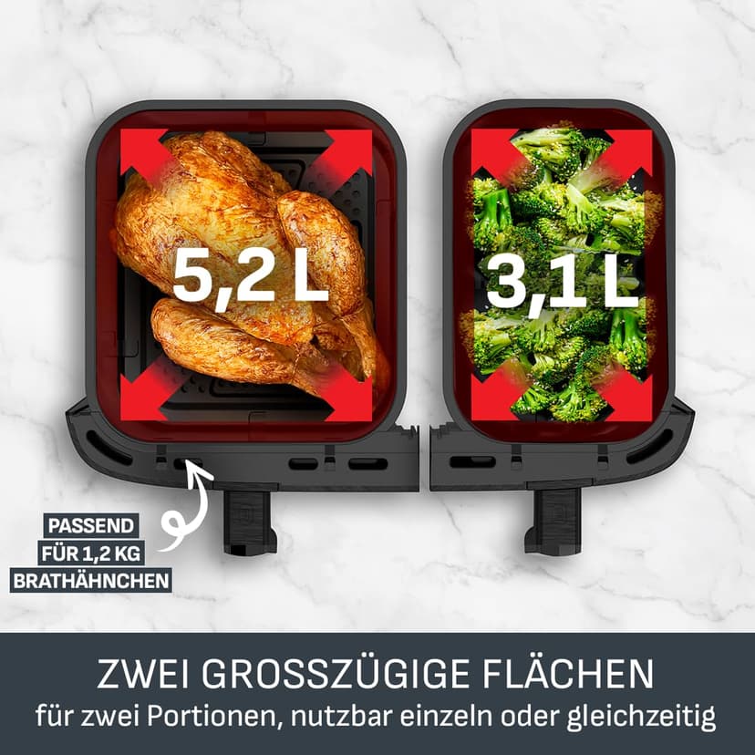 Tefal Dual Fryer without oil, 8.3 L capacity, 2 drawers of 5.2 L and 3.1 L, 7 automatic programs, digital screen, air fryer EY901810 - 3