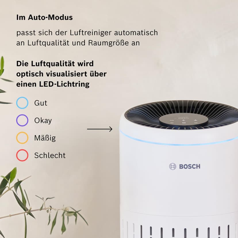 Bosch Air 2000 Purificateur d'air - Élimine les Polluants, Avec un Filtre à Air et un Mode Sommeil (< 25 dB(A)) - Pour jusqu'à 37,5 m² - Avec Capteur Intelligent et Mode Automatique - CADR : 180 m³/h - 3