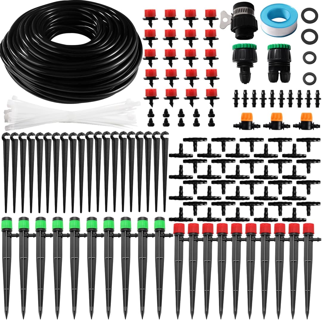VooGenzek 162 PCS 4/6 mm Irrigation System Kit, 25m Irrigation Hose, DIY Auto Drip Irrigation Kit, with Straight-Through Joints, Barbed Tees Connector, End Plug, for Lawn, Patio, Landscape