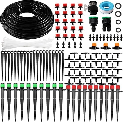 VooGenzek 162 PCS 4/6 mm Irrigation System Kit, 25m Irrigation Hose, DIY Auto Drip Irrigation Kit, with Straight-Through Joints, Barbed Tees Connector, End Plug, for Lawn, Patio, Landscape