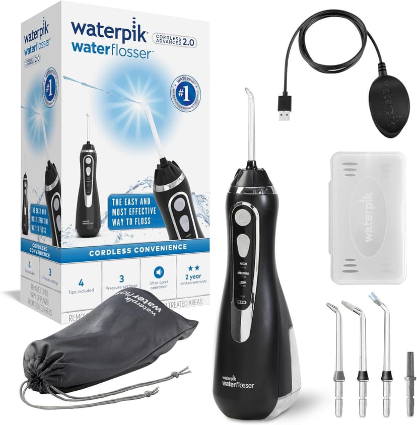 Waterpik Cordless Advanced, 3 Pressure Settings, Dental Plate Removal, Perfect for Travel and for Small Bathroom, Rechargeable USB Power Supply, Black Color (WP-582EU) - 1