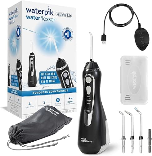 Waterpik Cordless Advanced, 3 Pressure Settings, Dental Plate Removal, Perfect for Travel and for Small Bathroom, Rechargeable USB Power Supply, Black Color (WP-582EU)