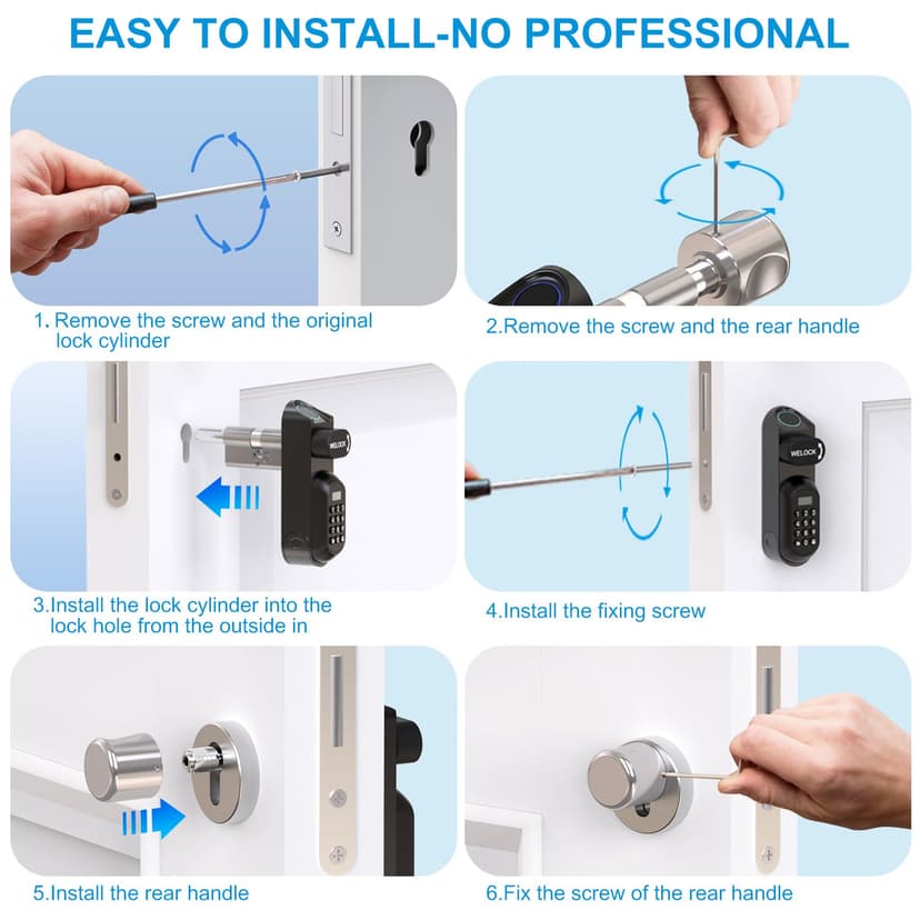 WELOCK U81 Smart Lock,Serrure Connectée,Serrure Empreinte Digitale avec Mot de Passe,RFID Carte,APP,serrure à code WiFi(Besoin wifibox),Cylindre Connecté 30/30 pour porte de 50-90mm,Facile à installer - 6