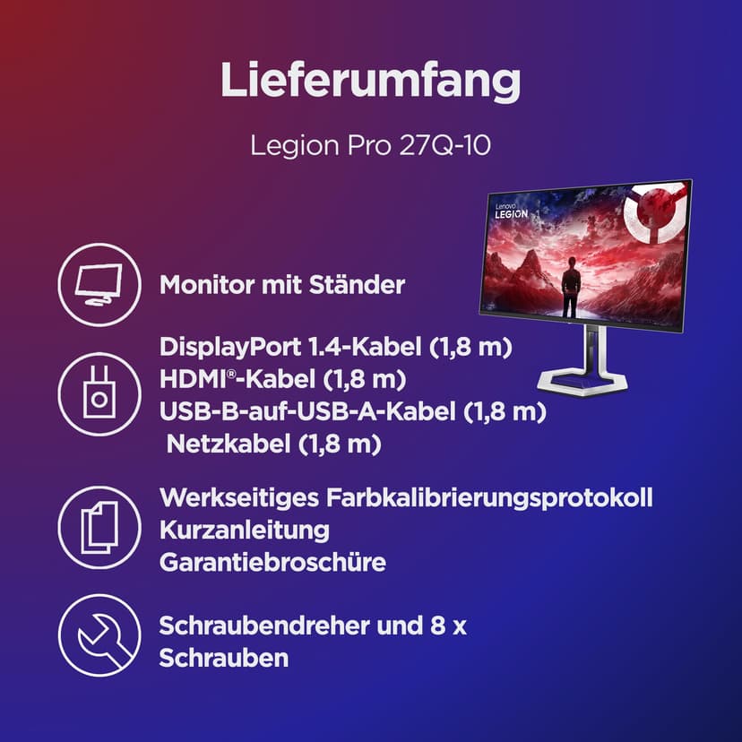 Lenovo Legion Pro 27Q-10-26.5" Gaming Monitor with Eyesafe (QHD, QD-OLED, 280Hz, 0.03ms GtG, 2xHDMI+DP+ USB Type-C, AMD FreeSync Premium Pro) - Tilt Adjustment - Black-White - 8