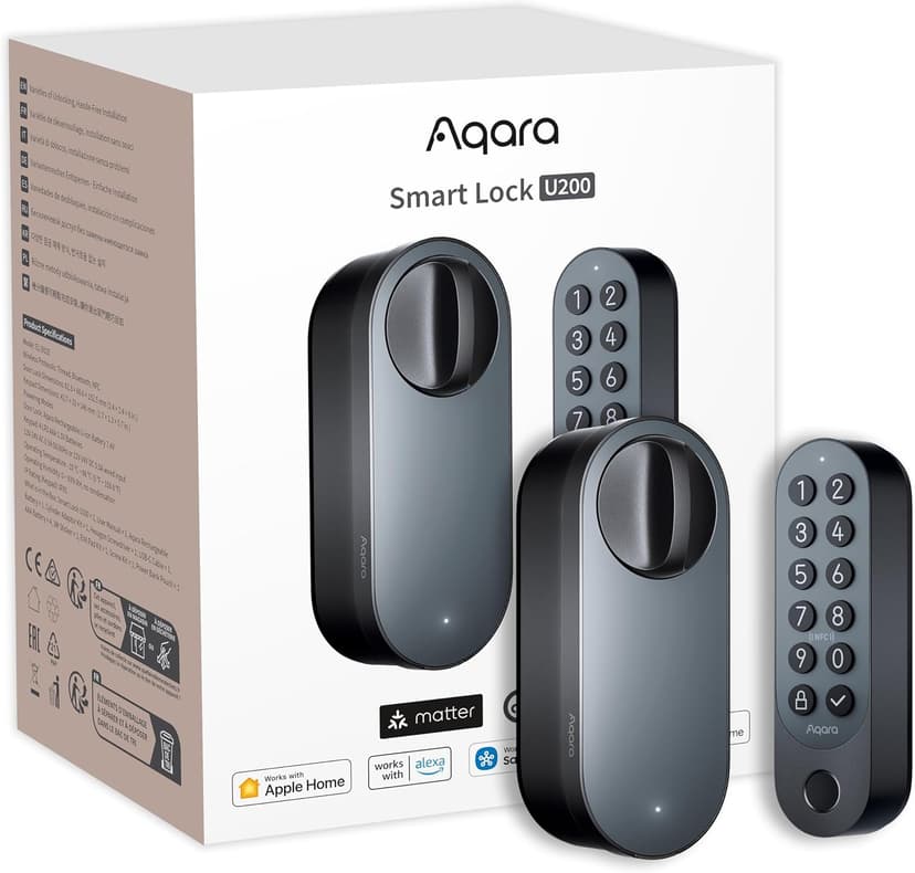 Aqara Cerradura Inteligente U200 con Lector de Huella Digital, Matter Over Thread, Cerradura Electronica Sin Llave con Apple Home Key y Batería Recargable, Soporta Apple Home, Google Alexa,Negro - 1