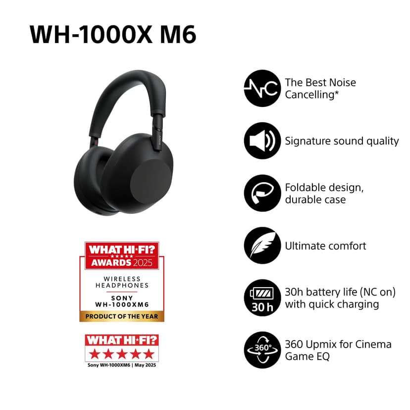 SONY WH-1000XM6 Flagship Noise Cancelling Over-Ear Wireless Bluetooth Headphones, Signature Hi-Res Sound, Comfort, Foldable Design, Durable Case, 30 HR Battery NC On, iOS & Android – Black - 2