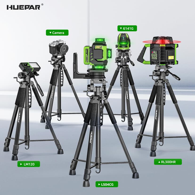 Huepar Lightweight 172cm Adjustable Laser Level Tripod with 3-Way Swivel Pan Head, Portable Handle, Bubble Level, Quick Release Plate with 1/4" Screw Mount & 5/8" UNF Adapter Nut - Camera Tripod T16A - 8