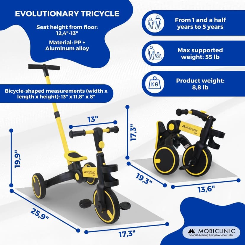 Mobiclinic® Kids, 5-in-1 Tricycle, Balance bike, Chase, Evolutive, Ages 1-5, Adjustable Handlebar and Seat, Ultralight, Toddler bike, Easy Assembly, Puncture-Proof Wheels, Up to 25 kg (Yellow) - 2