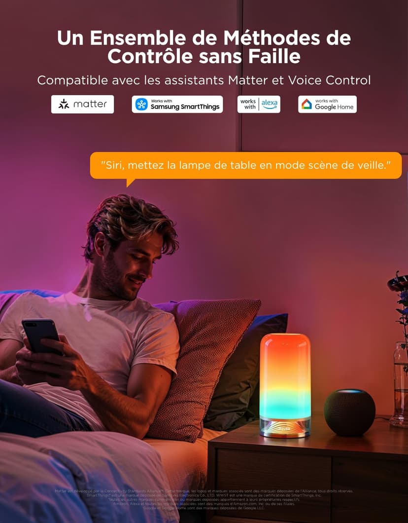 Govee Lampe de Chevet LED, Lampe de Table Tactile Dimmable RGBICWW avec 70 Modes Scène, Compatible avec Alexa, Fonctionne avec Matter, 2700-6500k, 500 Lumens, pour Salon et Chambre (Filaire) - 4