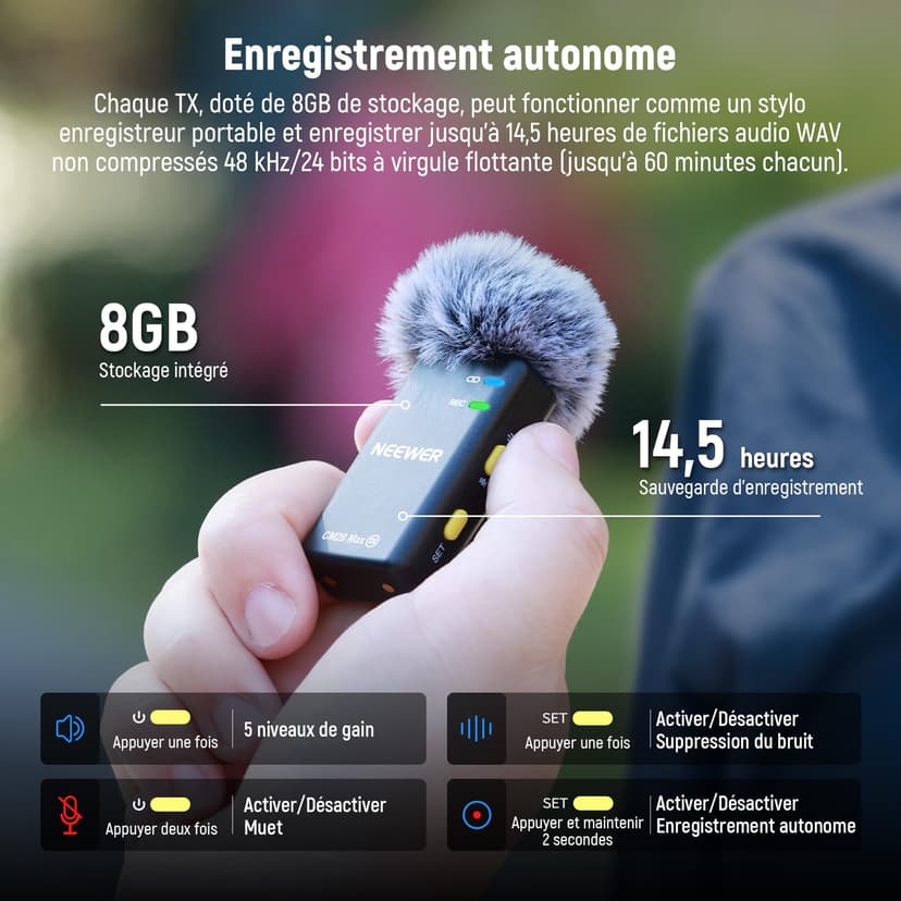 Neewer CM28 Max Système Micros Lavalier sans Fil Boîtier Chargement 48KHz 24Bit Stockage 8GB 25H Portée 300m Enregistrement Vidéo Micro à Annulation Bruits pour iPhone iPad Android Appareil Photo PC - 6