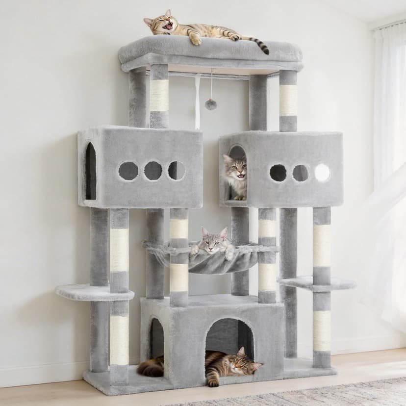 Hey-brother Arbre à Chat, Tour de Jeux Multiniveaux 144cm pour Maine Coon, avec 3 Grandes grottes, Plateformes spacieuses, Niche Confortable et Balle Peluche Suspendue, Gris Clair MPJ083W - 9